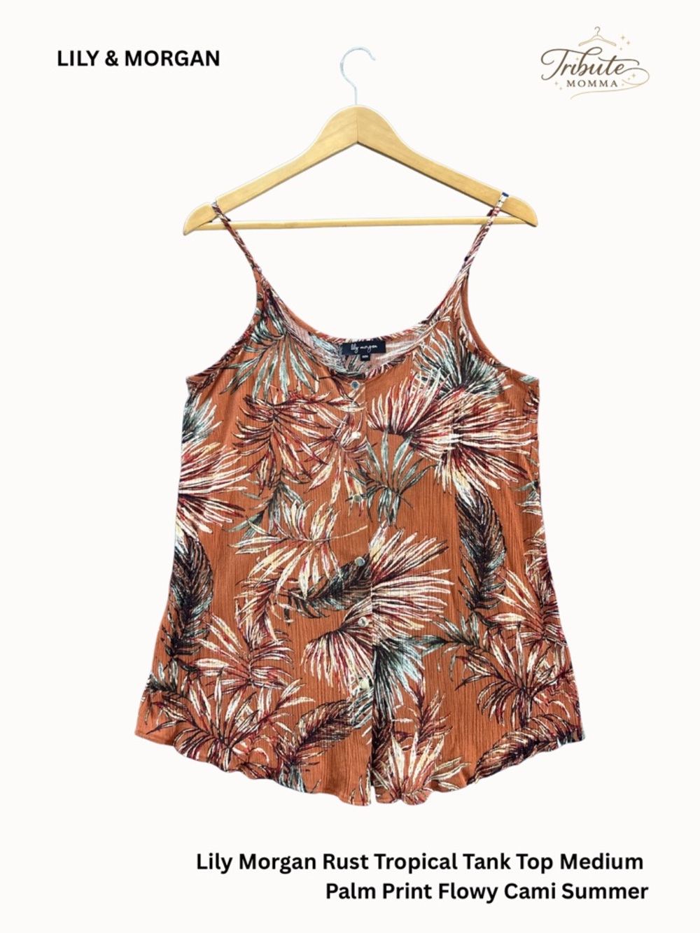Lily Morgan Rust Tropical Tank Top Medium Palm Print Flowy Cami Summer